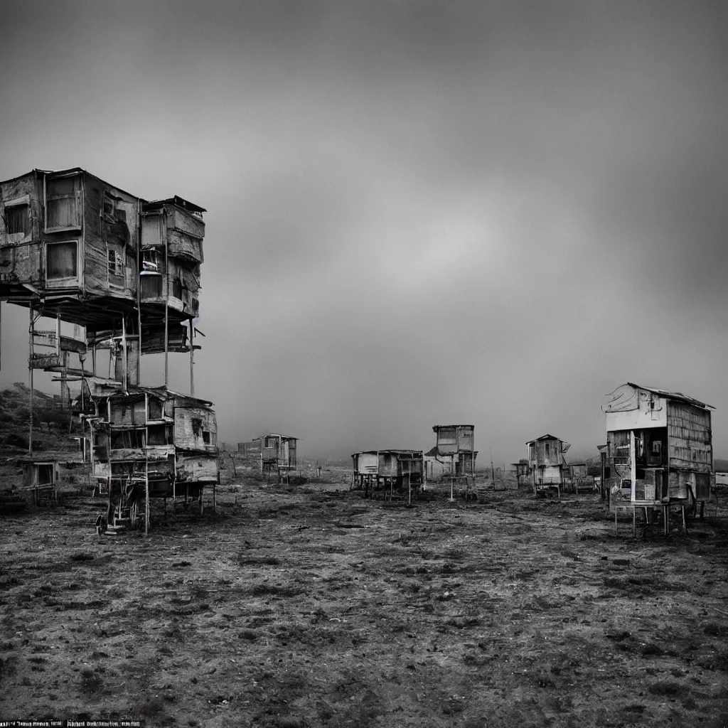 Prompt: high towers, made up of colourful makeshift squatter shacks, bleached, misty, moody sky at the back, dystopia, mamiya, f 1 1, fully frontal view, very detailed, ultra sharp, photographed by trent parke