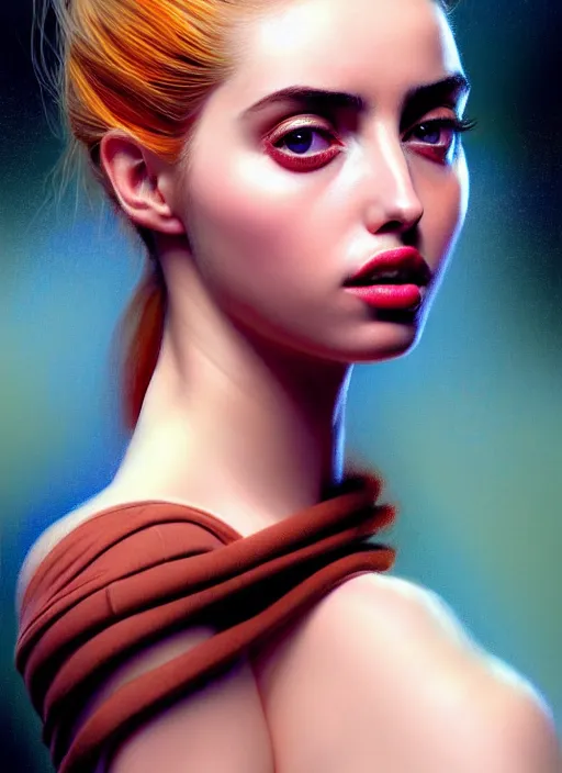 Prompt: hyper realistic zoomed out portrait of the most beautiful woman alive, ana de armas wearing clothes from the fifth element, by hsiao ron cheng, ngai victo, nivanh chanthara jean delville wlop and dougherty patrick, trending on artstation, soft light