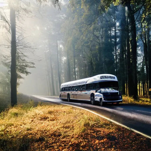 Image similar to big commercial bus with very creative livery in misty forest scene, the sun shining through the trees