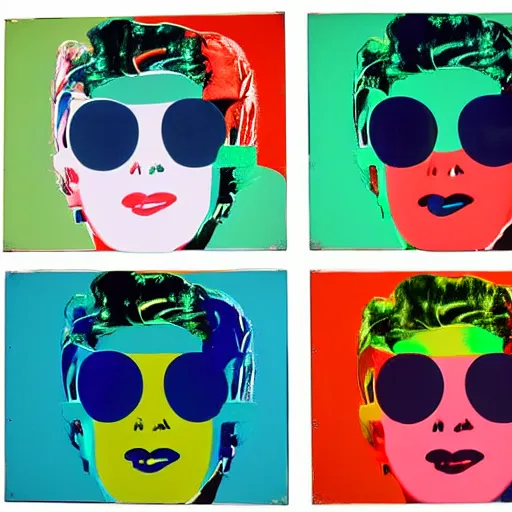 Prompt: frits lang robot, 6 panels by andy warhol, with highly contrasted colors and an illuminating background