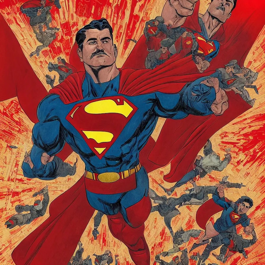 Prompt: epic comic book cover of stalin as superman floating over the red square ( moscow ), socialist realism, aesthetically pleasing, finely detailed facial features, photorealistic, intricate digital art, trending artstation, artgem, rich moody colors, fan art, concept art, in the style of the red son, by cory walker and ryan ottley