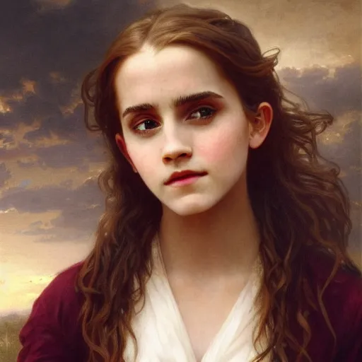 Image similar to Painting of Emma Watson as Hermione Granger. Art by william adolphe bouguereau. During golden hour. Extremely detailed. Beautiful. 4K. Award winning.