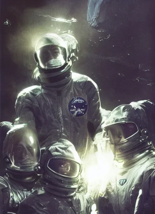 Image similar to astronauts in dark and empty void underwater - complex and hyperdetailed technical suit. reflection and dispersion materials. rays and dispersion of light. volumetric light. 5 0 mm, f / 3 2. noise film photo. flash photography. ultra realistic, wide angle. poster by wayne barlowe, hajime sorayama aaron horkey, craig mullins