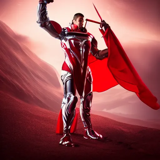 Prompt: portrait of a tall muscular infantry man in glossy sleek white armor with a few red details and a long red cape, heroic posture, deermined expression, on the surface of mars, night time, dramatic lighting, cinematic, sci-fi, hyperrealistic, movie still