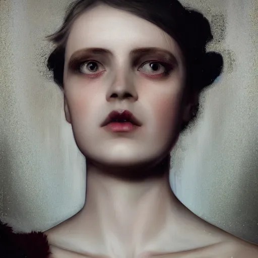 Image similar to stunning close up editorial portrait of a woman, symmetrical face, sci-fi skin, official prada editorial, beautiful pre-raphaelite portrait by charlie bowater, by Hendrik Kerstens, by Zhang Jingna, by norman rockwell, highly detailed