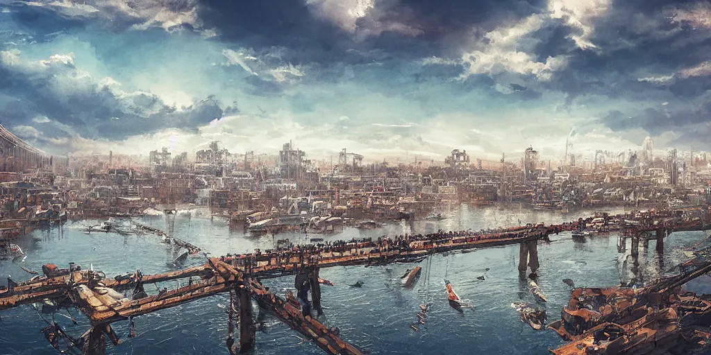Image similar to ancient city on top of a tall bridge structure over the ocean, tall arches into the water, long, fading off into the distance, city in the clouds, top down view, markets, busy people, city docks, artstation