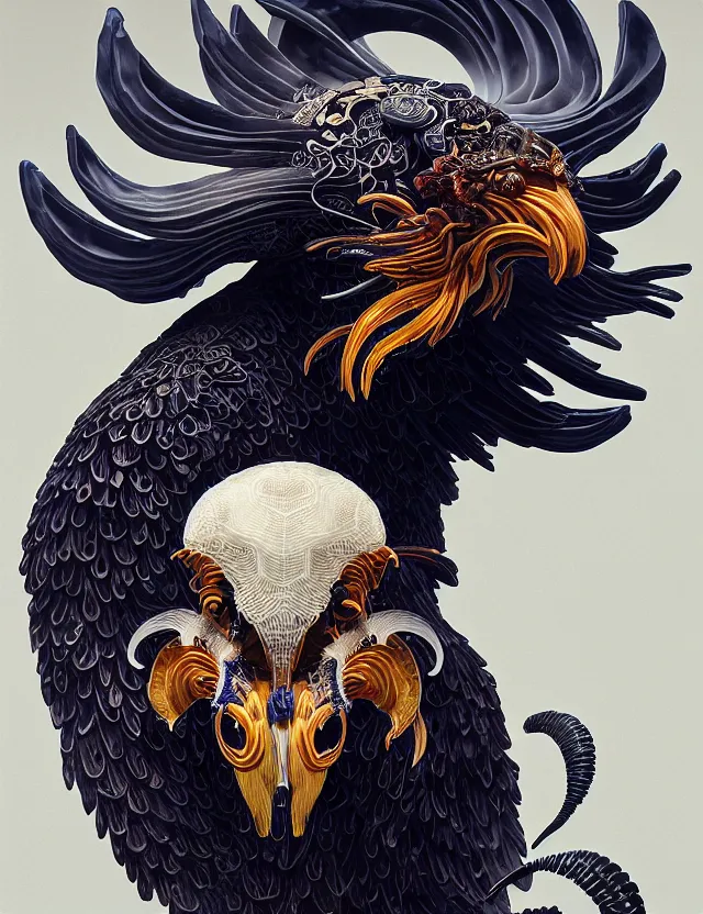Image similar to prometheus engineer close - up profile portrait with ram skull. beautiful intricately detailed japanese crow kitsune mask and clasical japanese kimono. betta fish, jellyfish phoenix, bio luminescent, plasma, ice, water, wind, creature, artwork by tooth wu and wlop and beeple and greg rutkowski