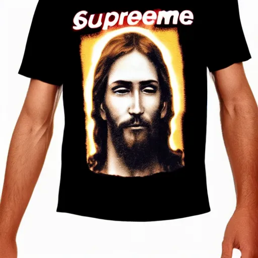 Image similar to a photo of a supreme t - shirt with an image of jesus on it, 4 k, highly detailed