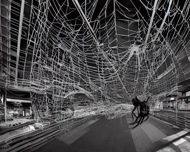 Image similar to camera footage of a Gigantic spider in an abandoned shopping mall, high exposure, dark, monochrome, camera, grainy, CCTV, security camera footage, timestamp, zoomed in, fish-eye lens, spiders, spider, spider, spider,