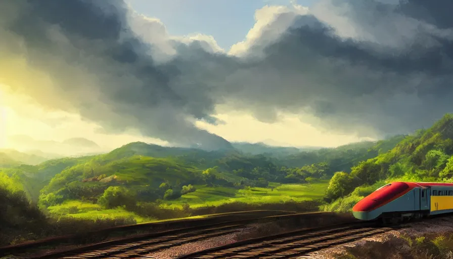 Image similar to aerodynamic train driving through valley, green hills, matte painting, artstation, sunrise, blue sky