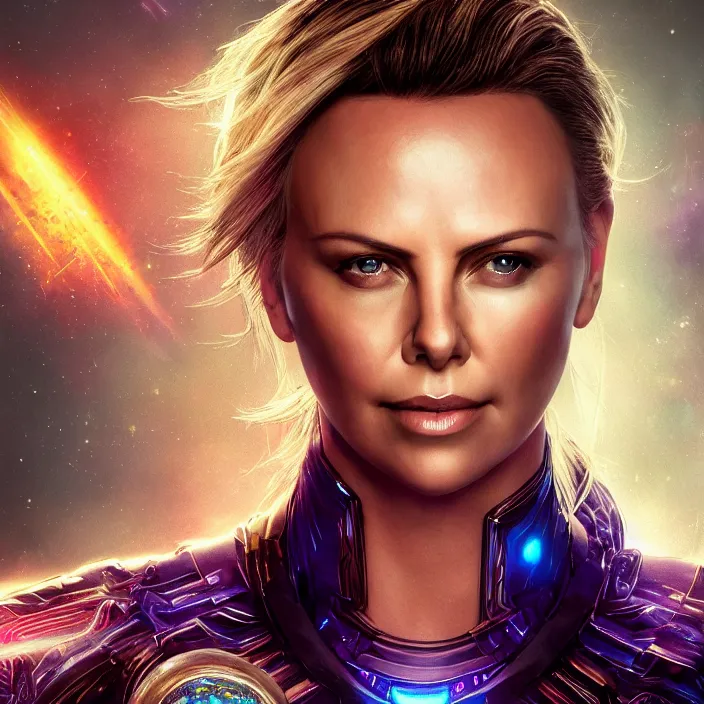 Image similar to portrait of ((Charlize Theron)), wearing The Infinity stones. SNAP. intricate artwork. octane render, trending on artstation, very coherent symmetrical artwork. avengers. thanos. cinematic, hyper realism, high detail, octane render, 8k, iridescent accents