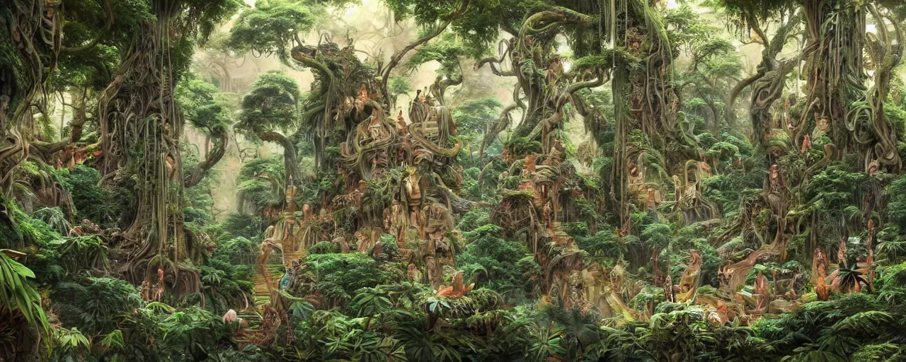 Prompt: painting of priestesses of the ancient centipede temple, lush jungle, centipede god, jungle canopy, overgrowth, by ArtGerm and Justin Cheung and Stephané Roux and Makoto Shinkai, insanely detailed and intricate, ornate, elegant, award winning, vermillion and cyan, maximalist, trending on Artstation, matte painting, interior scene, camel statue, ritual circle, temple rites, golden ratio, trending on CGstation, divine proportion, rich color, vibrant