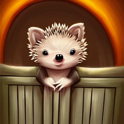 Prompt: cute adorable hedgehog opening the door, waving, smiling, cute, hedgehog, by cyril rolando