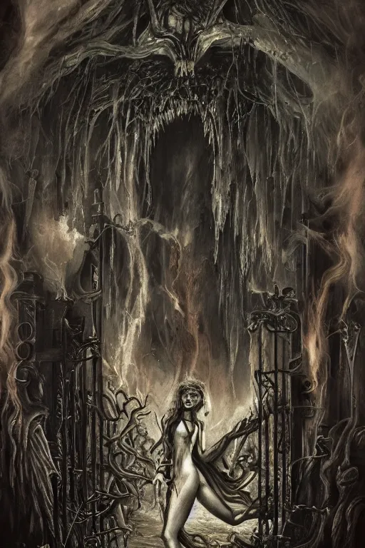 Image similar to Lost souls entering the gates of hell, fire, cheeky devil, eerie, sinister, horror, illustrated byAdrien Borda and H R Giger and Anne Stokes, 4k, 8k