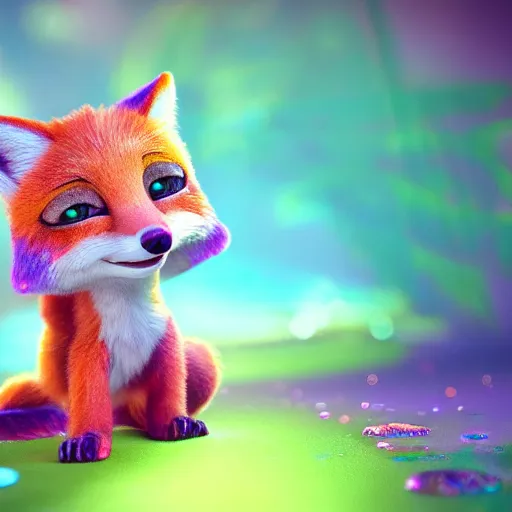 Image similar to baby gem fox, fox, big eyes, crystalized scales, hard gems, pastel colours, shiny glitter / crystals, pixar animation style, detailed, soft light, octane render, 4 k,