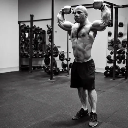 Prompt: photo of joe rogan lifting kettlebells,