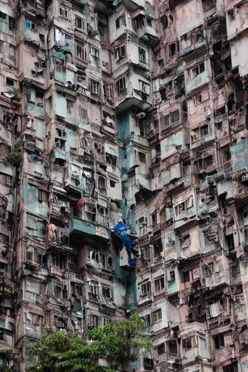 Image similar to long shot of a robot climbing up the side of kowloon walled city, photograph of a climbing robot