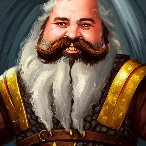 Image similar to portrait, 40 years old :: fantasy dwarf, thin :: beard, brown eyes, short pure white hair :: full plate armor litely golden :: high detail, digital art, RPG, concept art, illustration