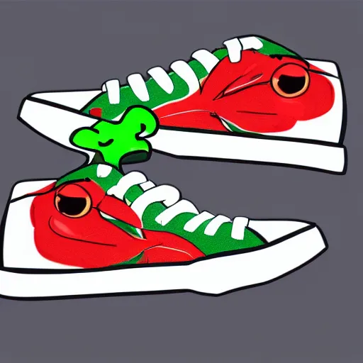 Prompt: green frog, red sneakers on each paw, tropical forest, photorealistic