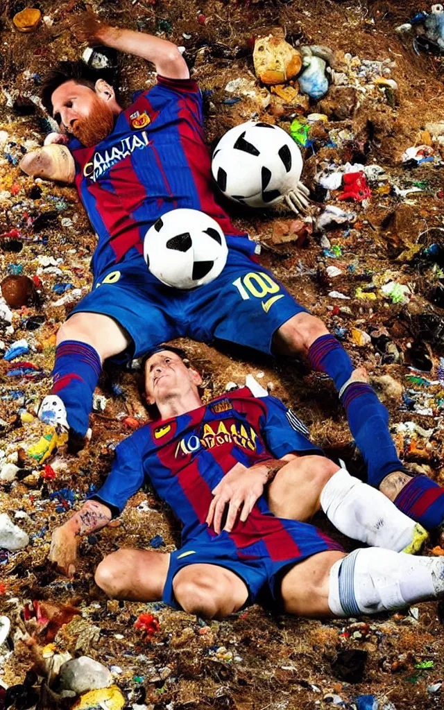 Image similar to messi soccer player laying in the ground surrounded by trash playing with a skull with his foot, ambulance light flares, scientific earth crust, trail cam, realistic photography paleoart, masterpiece album cover