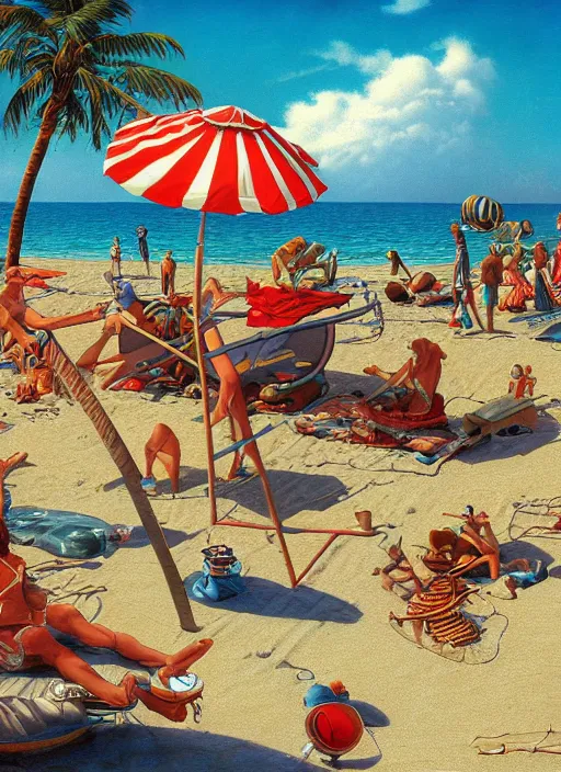 Prompt: where's waldo on the beach. vintage shapes, retro technology, happy colors dariusz zawadzki, tim hildebrandt, wayne barlow, bruce pennington, larry elmore, oil on canvas, deep depth field, masterpiece, cinematic composition, hyperdetailed