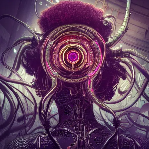 Image similar to Cyberpunk medusa, dark atmosphere, cinematic shot, intricate, ornate, photorealistic, ultra detailed, realistic, 35mm, photography, neon, octane, high definition, depth of field, bokeh, 8k, artstation, ((alphonse mucha))