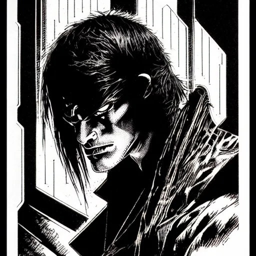 Prompt: cyberpunk portrait, by bernie wrightson, etching, screen print, sharp,