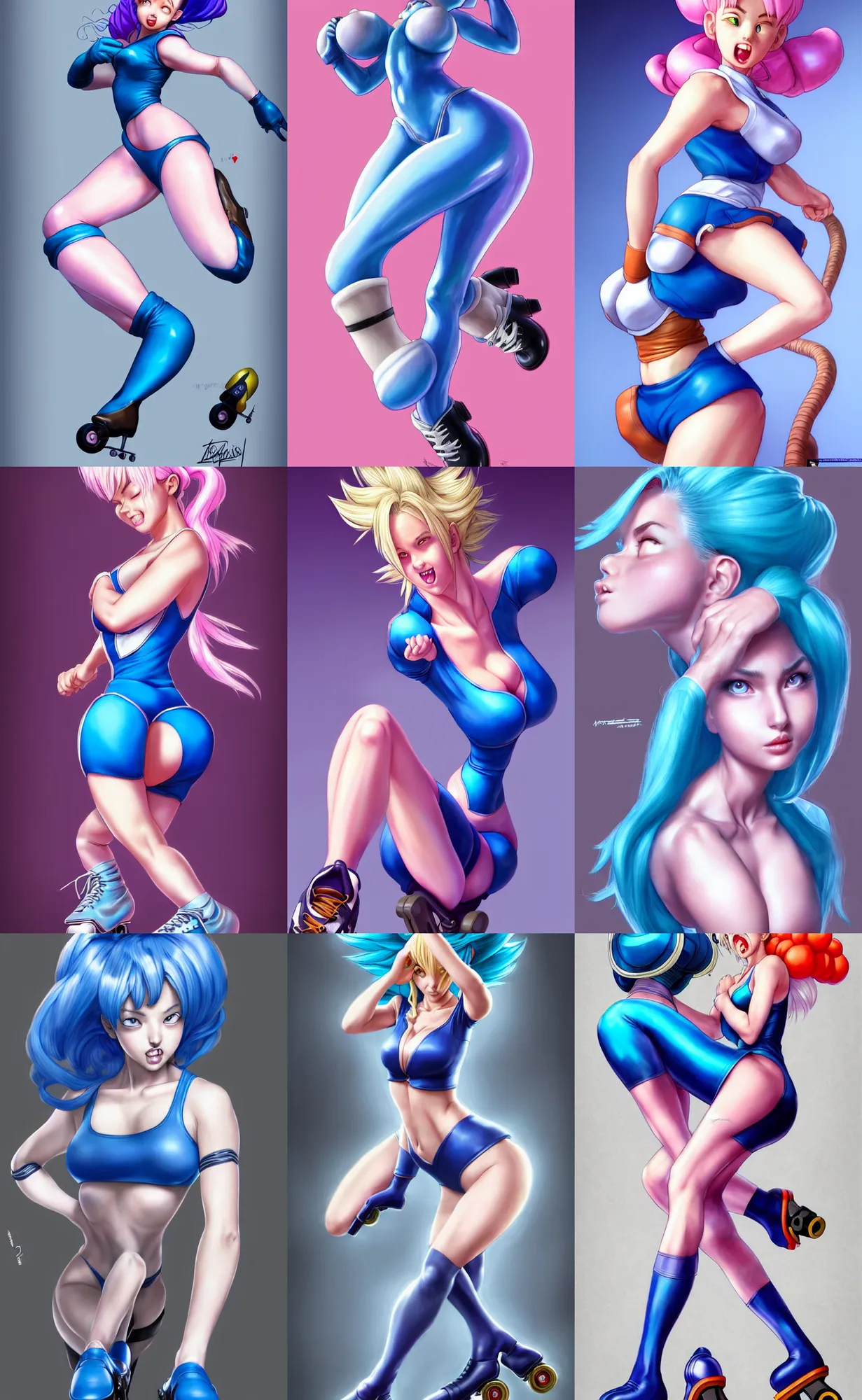 Prompt: gorgeous!! hyper - realistic giant woman resembling ana de armas as bulma + felicia from darkstalkers on roller skates | drawn by artgerm, drawn by wlop, drawn by jeehyung lee | intricate, high detail, ultra graphics, photorealistic, symmetrical, cinematic, smooth, sharp focus, character design