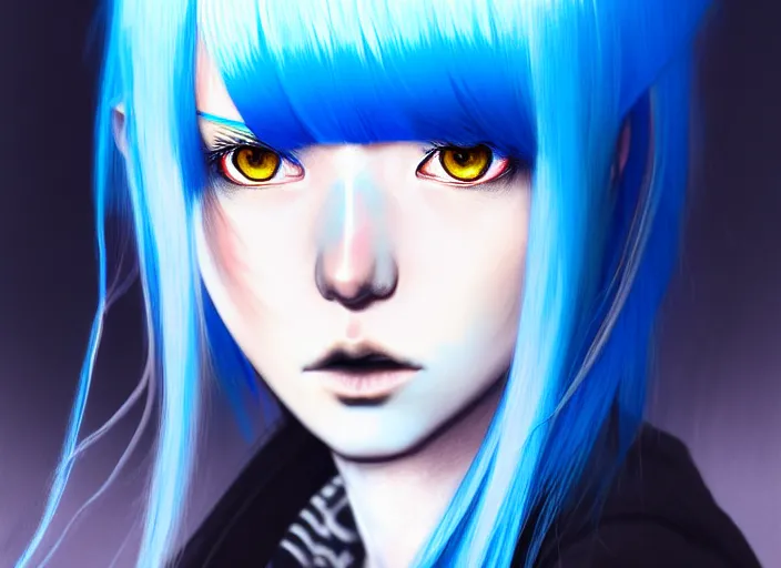 Image similar to full face shot of rimuru tempest, sky blue straight hair, long bangs, with amber eyes, wearing a black jacket, high collar, ultra detailed, concept art, award winning photography, digital painting, cinematic, wlop artstation, closeup, pixiv, evil, yoshitaka amano, andy warhol, ilya kuvshinov,