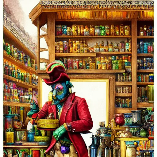 Image similar to Anthropomorphized parrot trader in his shop, shelves full, selling a gem, portrait, items, magic potions, carpet, window, fancy hat, sly expression , cunning expression, cute expression, presenting magic gem, D&D, fantasy, cinematic lighting, highly detailed, digital painting, artstation, concept art, smooth, sharp focus, illustration, warm light, cozy warm tint, magic the gathering artwork, volumetric lighting, 8k, no gold, no gold colours, art by Akihiko Yoshida, Greg Rutkowski