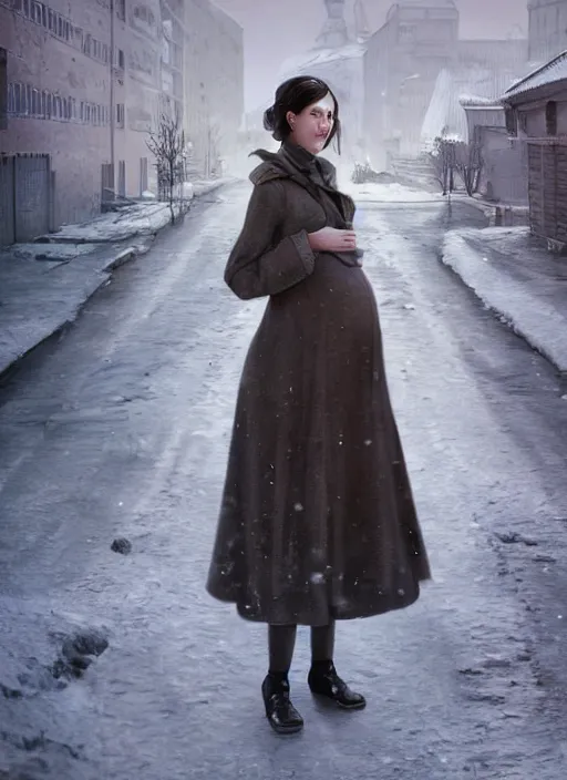 Image similar to full-length portrait of a pregnant woman on the street of besieged Leningrad, historically reliable photo chronicle, winter 1941, , ultra detailed, digital art, octane render, 4K, dystopian, micro details, in the style of Ilya Kuvshinov and Range Murata