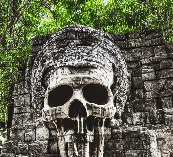 Image similar to mayan temple in form of punisher skull. background jungle