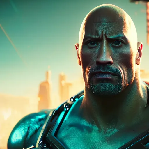 Image similar to dwayne johnson half - robot, cyberpunk 2 0 7 7, photorealistic, ultra detailed, neon, octane, bokeh, cinematic lighting, cyber, cyberpunk city, studio quality, feature, scars, cyberface, 8 k