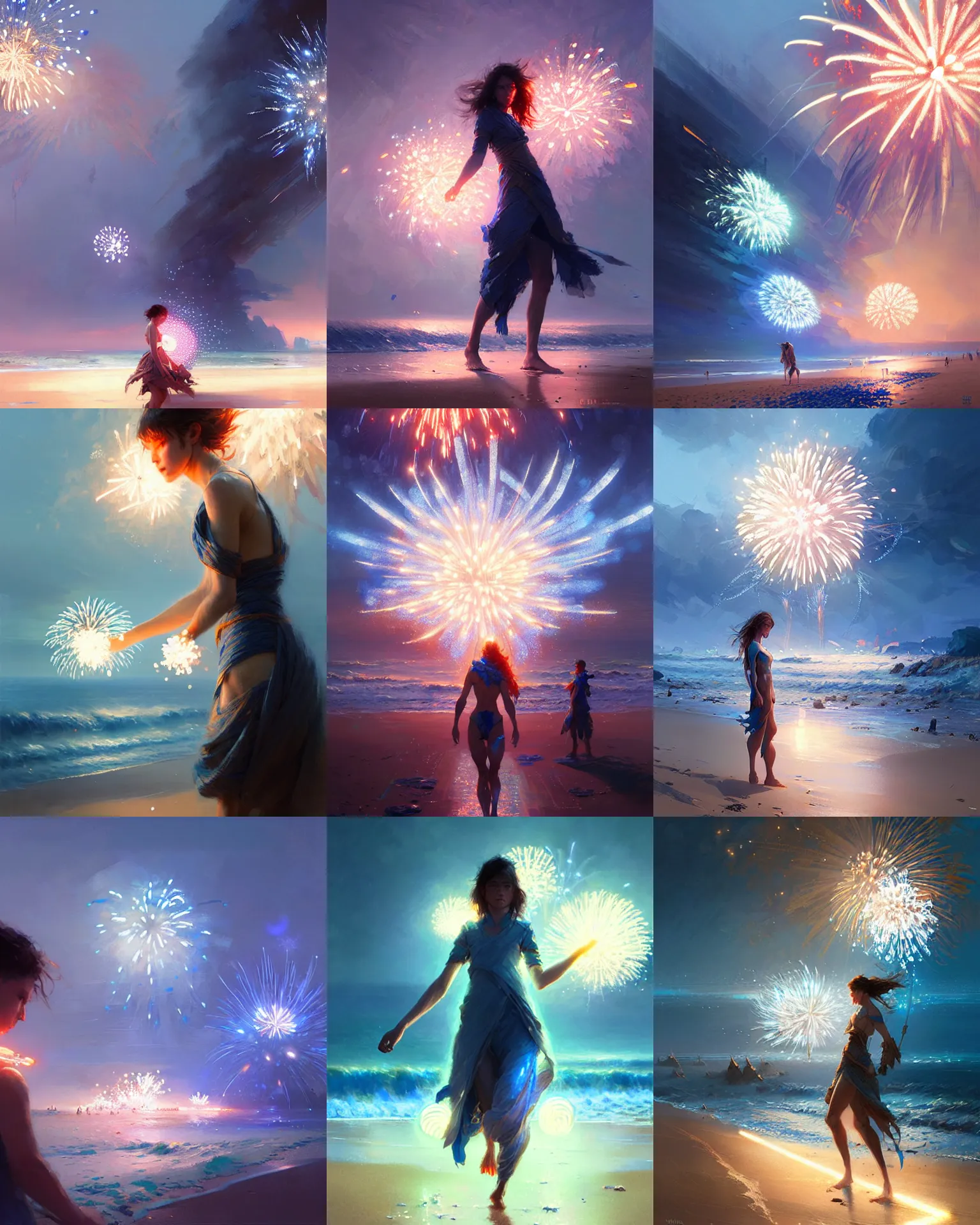 Image similar to beach blue fireworks, intricate, lens flare, bloom, sharp focus, illustration, highly detailed, digital painting, concept art, matte, art by ruan jia and wlop and greg rutkowski, masterpiece