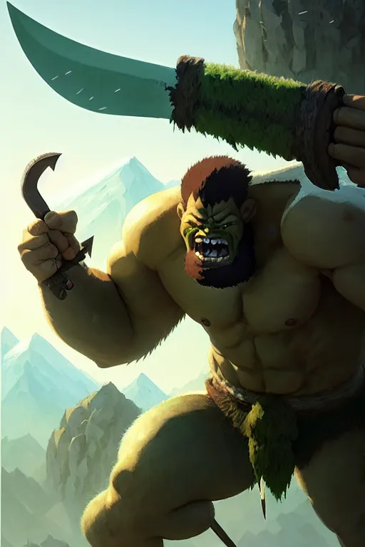 Prompt: orc barbarian male, green skin, exquisite details, big axe, earth magic, mid view, design on a white background, by studio muti, greg rutkowski makoto shinkai takashi takeuchi studio ghibli