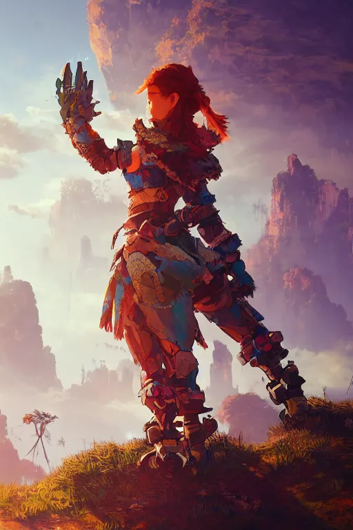 Image similar to combination suit armor aloy horizon forbidden west horizon zero dawn radiating a glowing aura global illumination ray tracing hdr fanart arstation by ian pesty and alena aenami artworks in 4 k tribal robot ninja mask helmet backpack