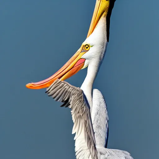 Image similar to awardwinning nature photography portrait of a white pelican in full flight as seen from below. extremely high detailed beak