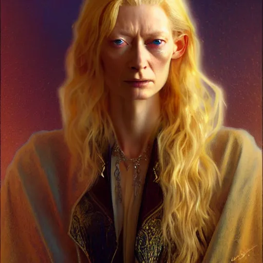 Image similar to young adult tilda swinton as lucifer morningstar, long blond hair, natural lighting, path traced, highly detailed, high quality, digital painting, by gaston bussiere, craig mullins, alphonse mucha j. c. leyendecker