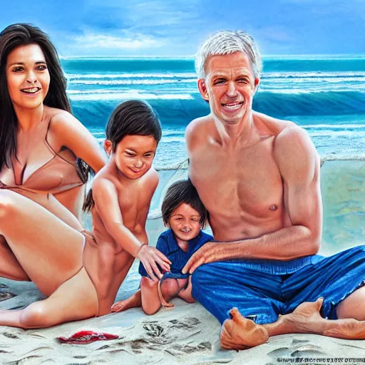 Prompt: portrait of a happy family at the beach, photo, realistic, smooth face, perfect eyes, wide angle, sharp focus, 8 k high definition, insanely detailed, intricate, elegant, art by artgerm