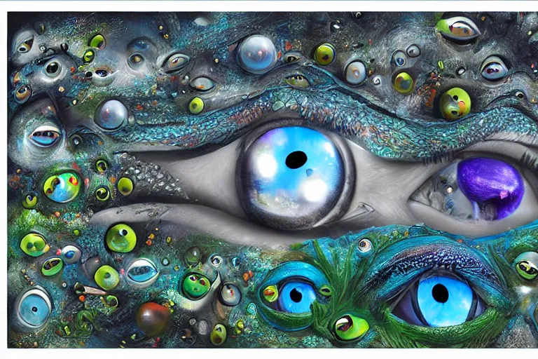 Image similar to highly detailed dreamscape of 3 dimensional highly realistic floating and flying eyeballs of all sizes