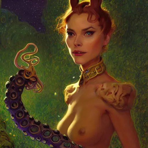 Image similar to a portrait of a female tentacle monster in starfleet uniform at night in a dark forest. zootopia fursona furaffinity furry art detailed face painting by gaston bussiere craig mullins jc leyendecker gustav klimt artgerm greg rutkowski furry