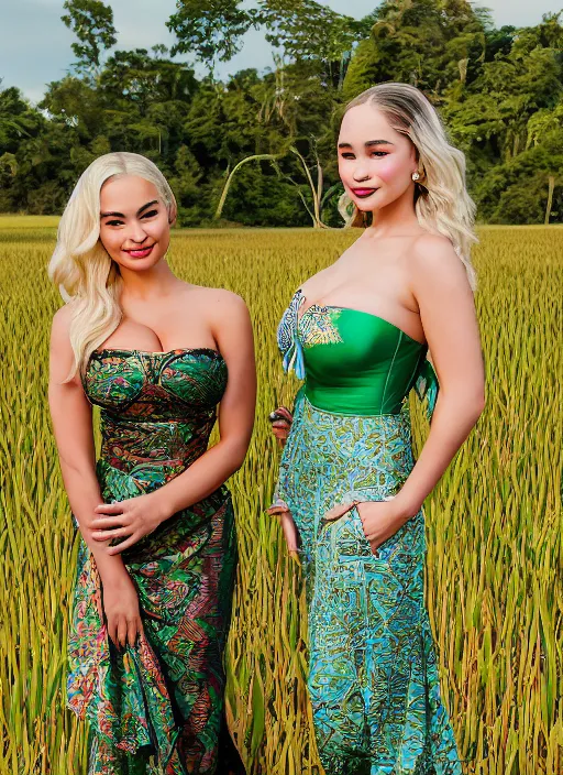 Prompt: portrait of lindsey pelas wearing green kebaya and emilia clarke wearing batik tube top in a paddy field, by charlotte grimm, natural light, detailed face, canon eos c 3 0 0, ƒ 1. 8, 3 5 mm, 8 k, medium - format print, half body shot