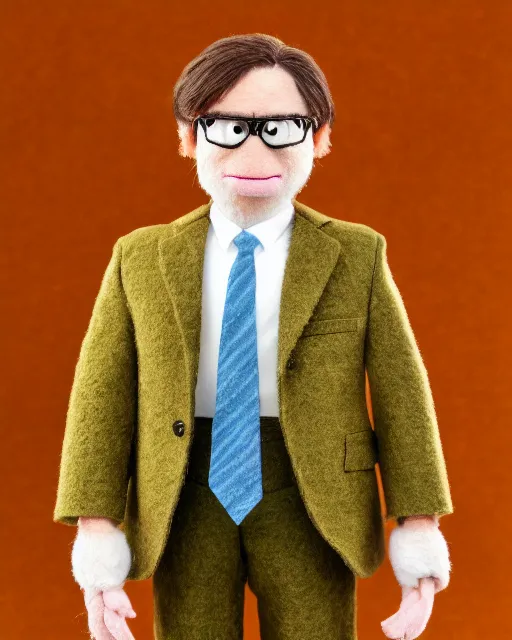 Image similar to dwight schrute with brown suit as a muppet. highly detailed felt. hyper real photo. 4 k.