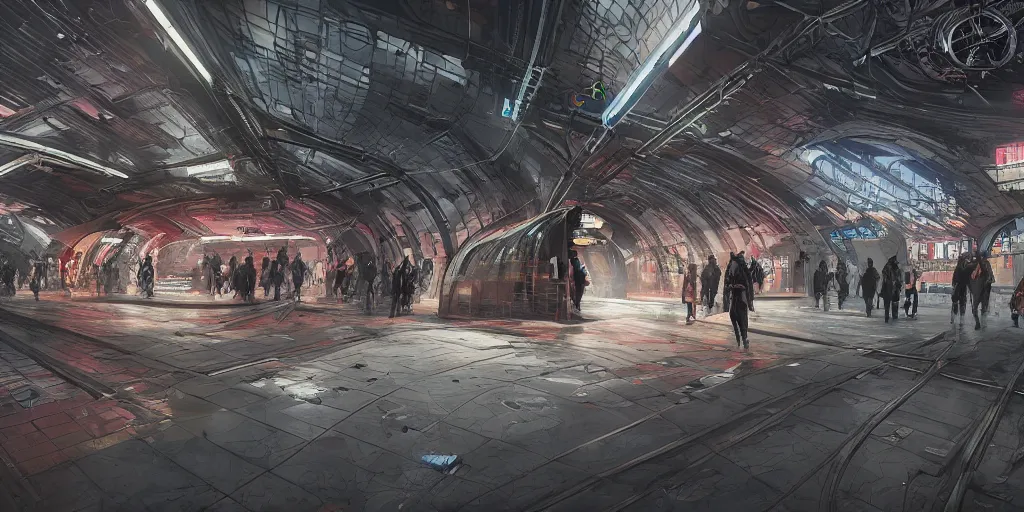 Prompt: cyberpunk subway station, design sheet, concept design, contrast, hot toys, kim jung gi, greg rutkowski, zabrocki, karlkka, jayison devadas, trending on artstation, 8 k, ultra wide angle, pincushion lens effect