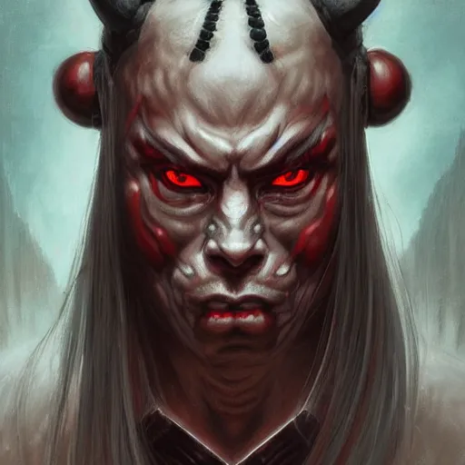 Prompt: portrait, cyberpunk japanese oni demon with horns, stern expression, long hair, highly detailed, digital painting, artstation, concept art, smooth, sharp focus, illustration, artgerm, tomasz alen kopera, peter mohrbacher, donato giancola, joseph christian leyendecker, wlop, frank frazetta