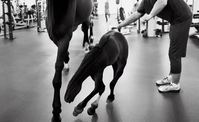 Prompt: two legged horse with big hands in a gym, shaking hands. holding weight. turning right, standing down.