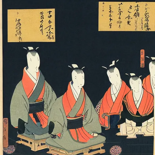 Image similar to A cat sitting on a throne in a samurai temple surrounded by his worshipers, Ukiyo-e