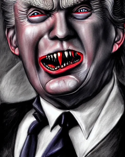 Image similar to dracula donald trump, character portrait, close up, concept art, intricate details, highly detailed, hyperrealism in the style of otto dix and h. r giger