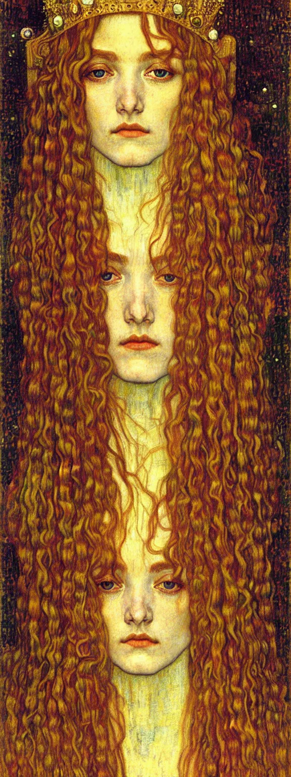 Image similar to detailed realistic beautiful young medieval queen face portrait by jean delville, gustav klimt and vincent van gogh, art nouveau, symbolist, visionary, gothic, pre - raphaelite, muted earthy colors, desaturated