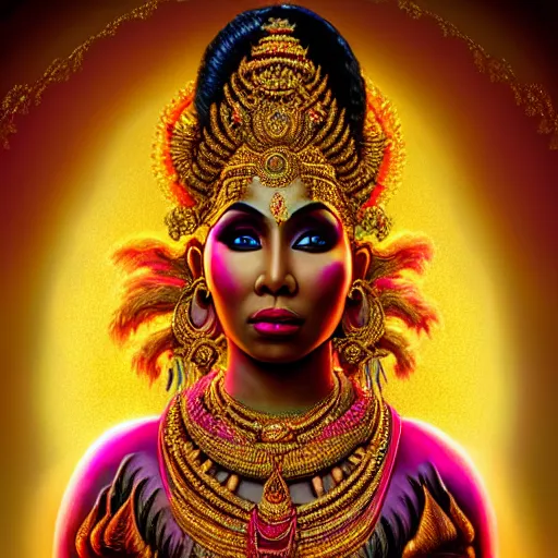 Image similar to majestic gracious deity nicki minaj dressed as a stunning hindu goddess, stunning portrait, ancient greece, elysium, atmospheric lighting, painted, intricate, volumetric lighting, beautiful, rich deep colours masterpiece, golden hour, sharp focus, ultra detailed, by leesha hannigan, ross tran, thierry doizon, kai carpenter, ignacio fernandez rios